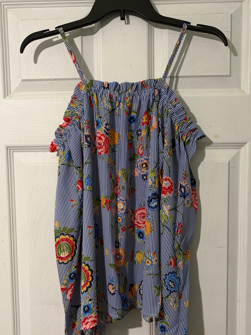 Tacera Blue Striped Floral Cold-Shoulder Blouse